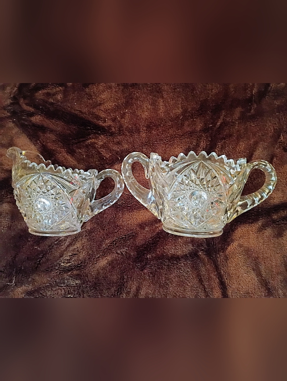 Pressed Glass Sugar and Creamer Set - Clear Cut Pattern Prescut - VTG